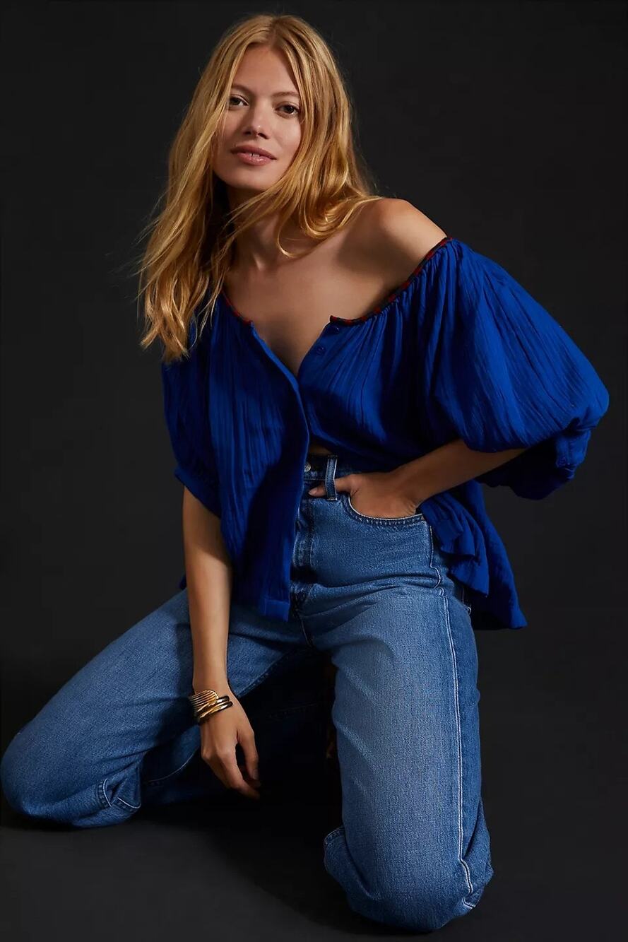 New Anthropologie Sundry Embroidered Blouse $198 SMALL (1) Klein Blue